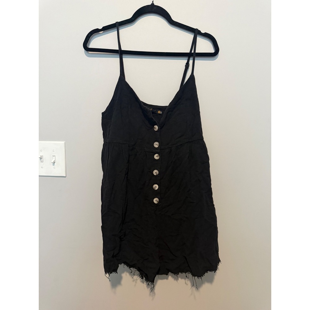 Long Lost Black Button Front Sleeveless Romper Raw Hem Size 12